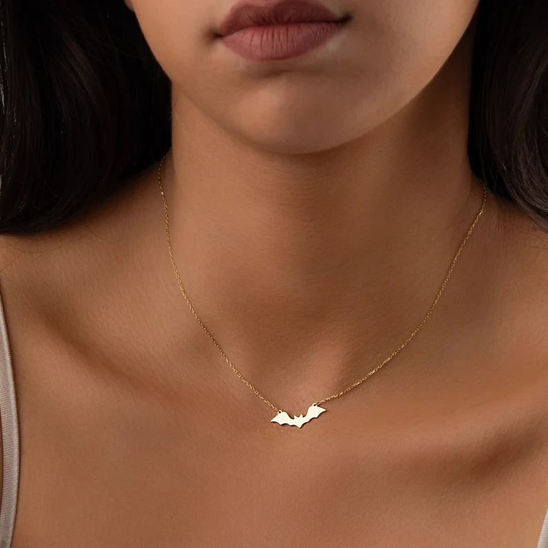 Minimalist Sterling Silver Yellow Gold Bat Pendant Necklace Halloween Gift 