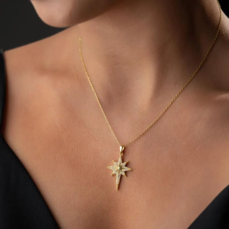 Elegant Yellow Gold Diamond White 925 Sterling Silver North Star Necklace