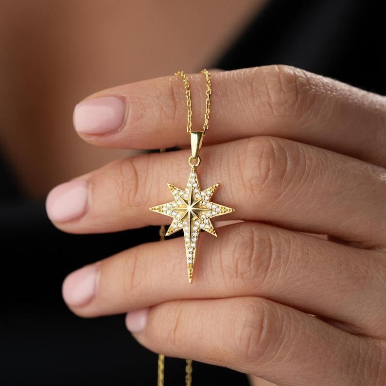 Elegant Yellow Gold Diamond White 925 Sterling Silver North Star Necklace