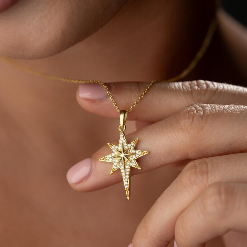 Elegant Yellow Gold Diamond White 925 Sterling Silver North Star Necklace