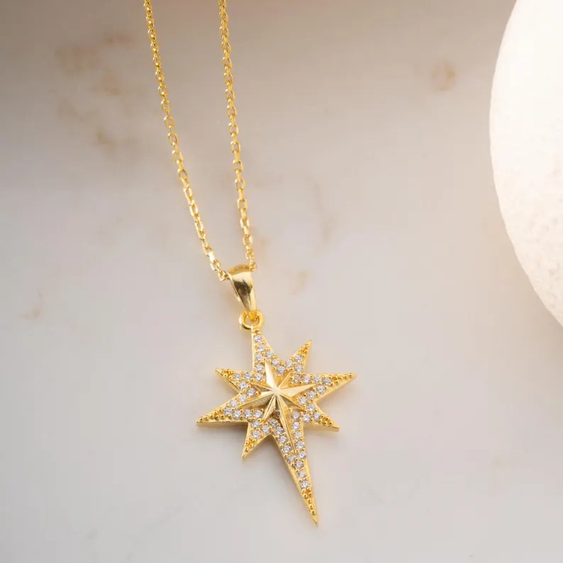Elegant Yellow Gold Diamond White 925 Sterling Silver North Star Necklace