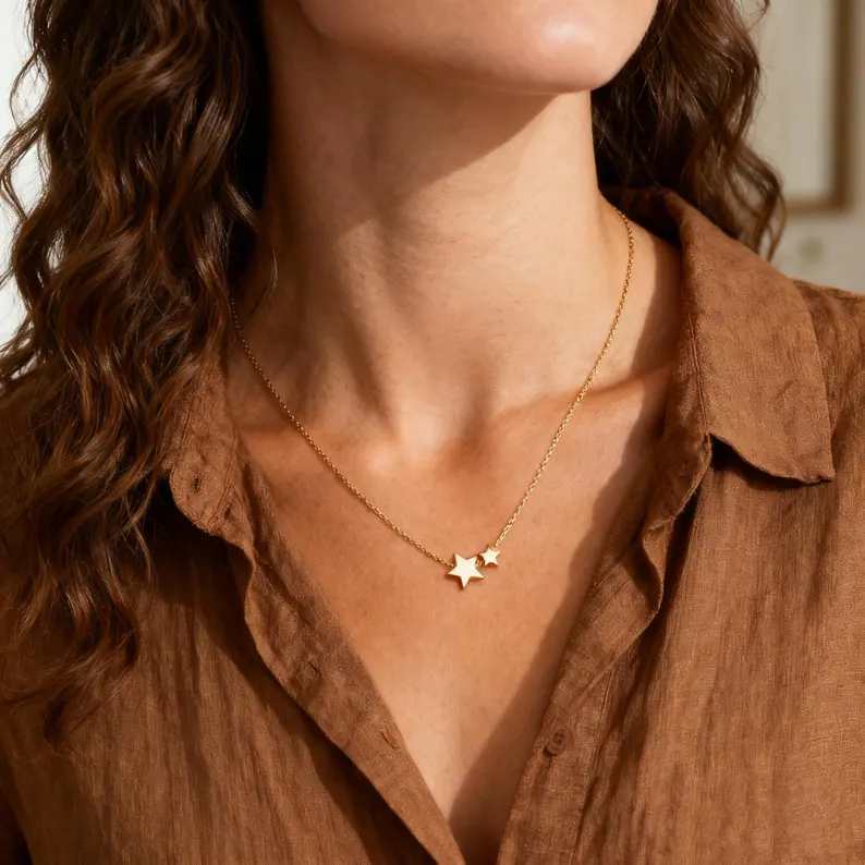 Minimalist Yellow Gold 925 Sterling Silver Double Star Necklace