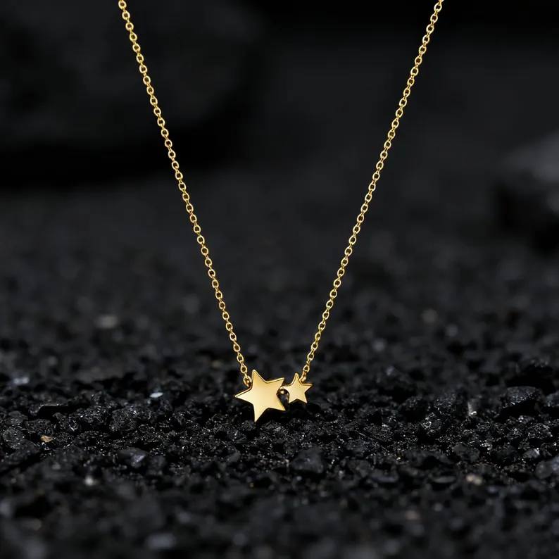 Minimalist Yellow Gold 925 Sterling Silver Double Star Necklace