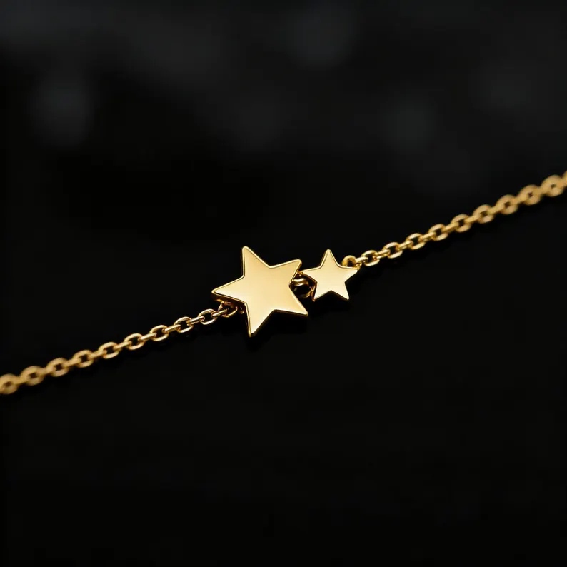 Minimalist Yellow Gold 925 Sterling Silver Double Star Necklace