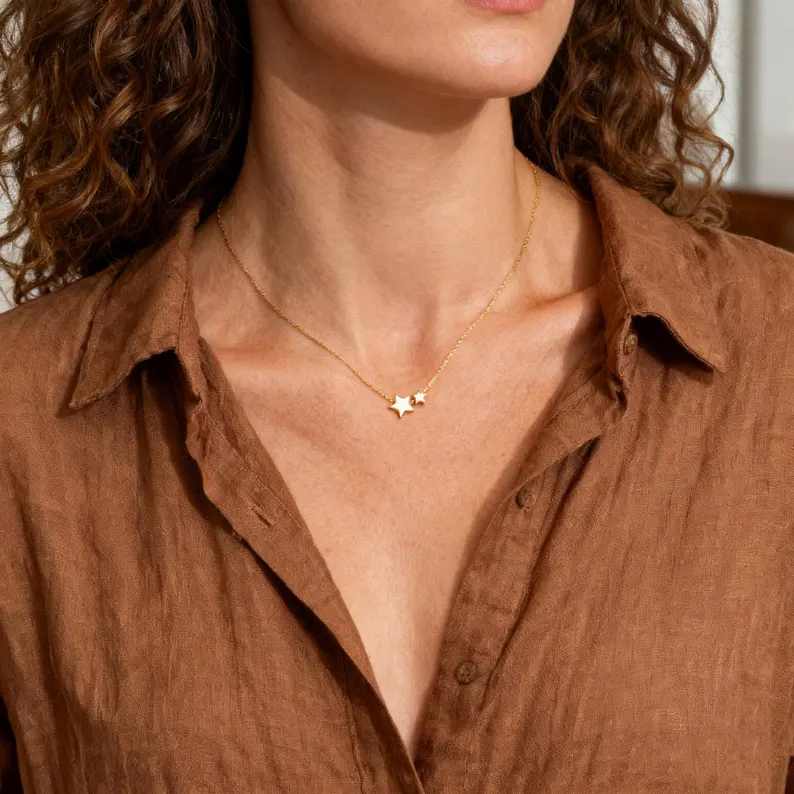 Minimalist Yellow Gold 925 Sterling Silver Double Star Necklace