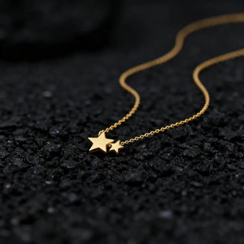 Minimalist Yellow Gold 925 Sterling Silver Double Star Necklace