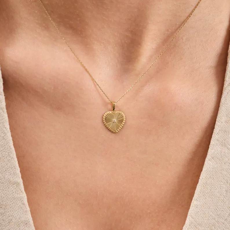 Elegant Yellow Gold Diamond White 925 Sterling Silver Fluted Heart Necklace