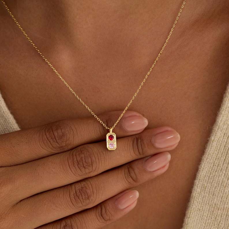 Personalized Yellow Gold Two Birthstone 925 Sterling Silver Family Necklace