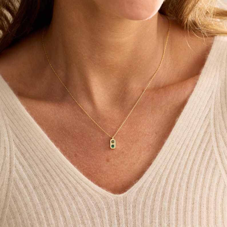 Personalized Yellow Gold Two Birthstone 925 Sterling Silver Family Necklace