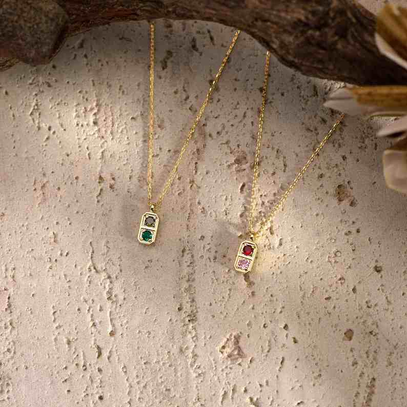 Personalized Yellow Gold Two Birthstone 925 Sterling Silver Family Necklace