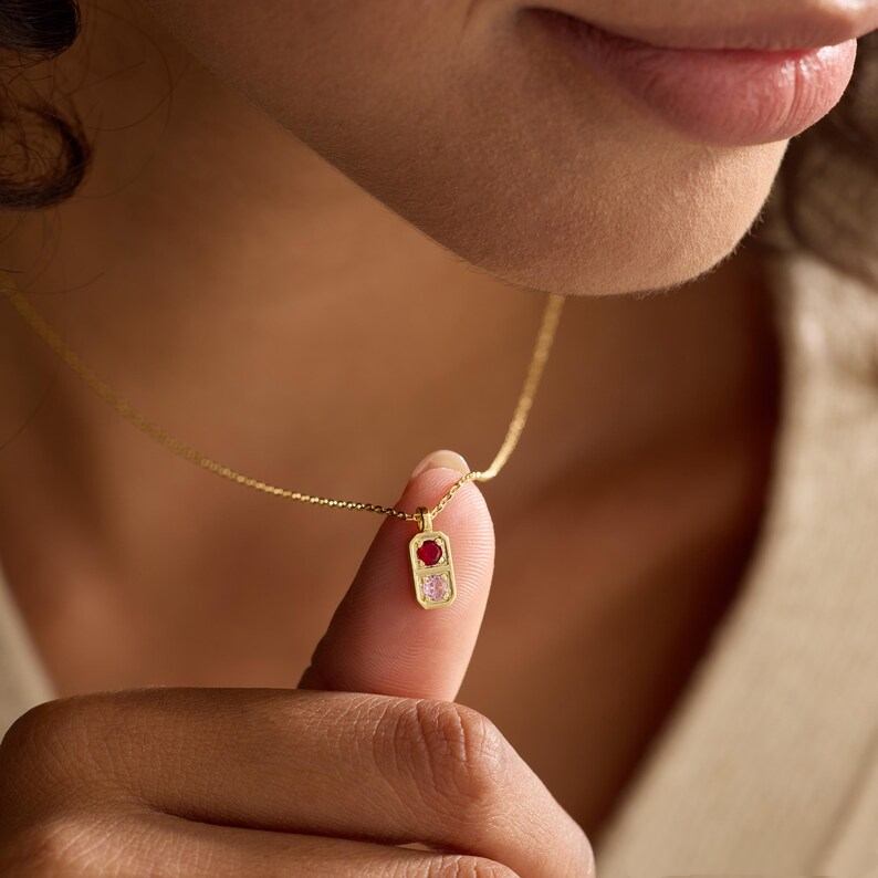 Personalized Yellow Gold Two Birthstone 925 Sterling Silver Family Necklace