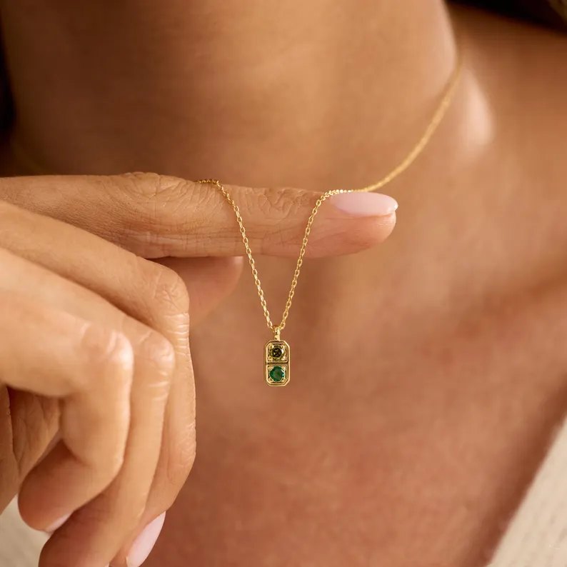 Personalized Yellow Gold Two Birthstone 925 Sterling Silver Family Necklace