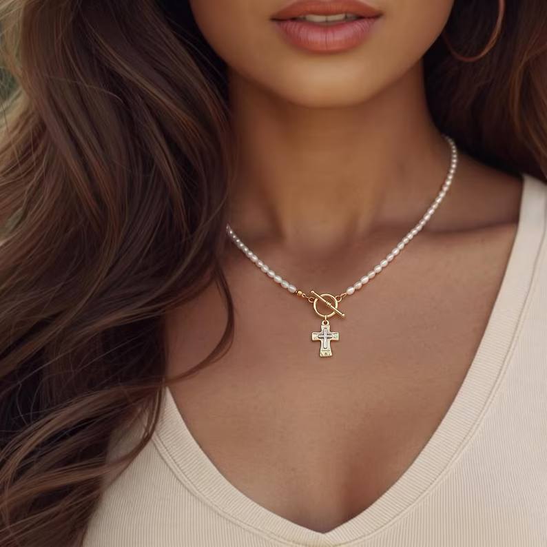 Elegant Minimalist Yellow Gold Sterling Silver Pearl Cross Pendant Necklace