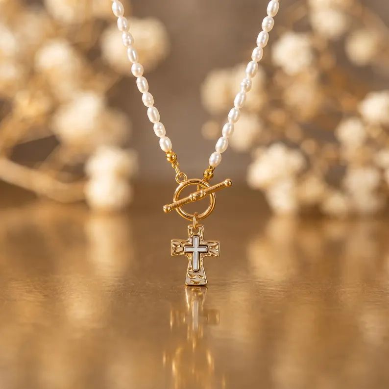 Elegant Minimalist Yellow Gold Sterling Silver Pearl Cross Pendant Necklace