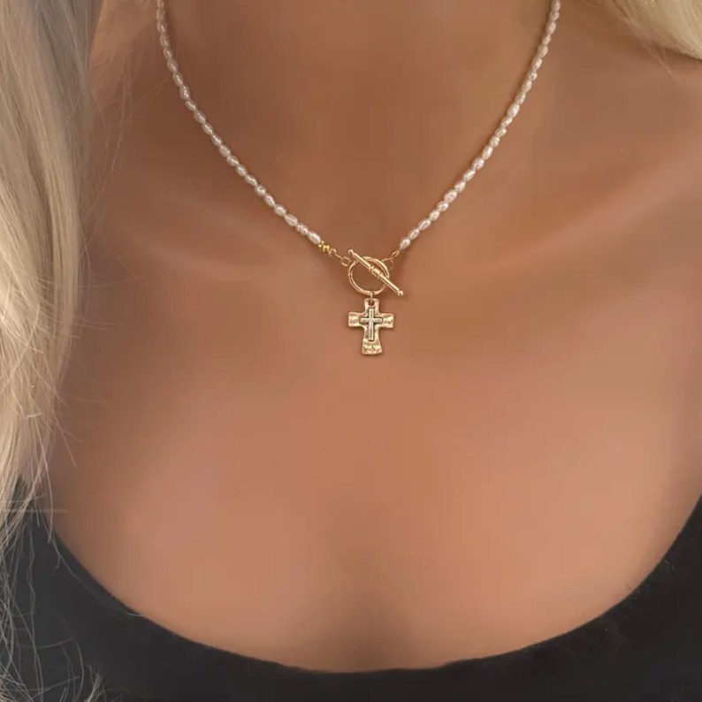 Elegant Minimalist Yellow Gold Sterling Silver Pearl Cross Pendant Necklace