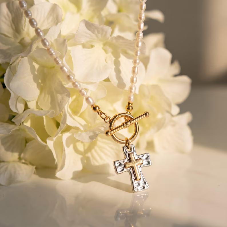 Elegant Minimalist Yellow Gold Sterling Silver Pearl Cross Pendant Necklace