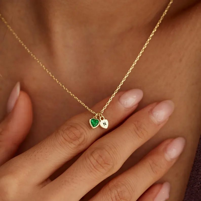 Personalized Yellow Gold 925 Sterling Silver Initial with Heart Birthstone Necklace