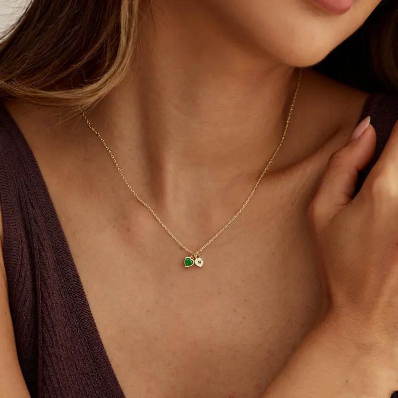 Personalized Yellow Gold 925 Sterling Silver Initial with Heart Birthstone Necklace