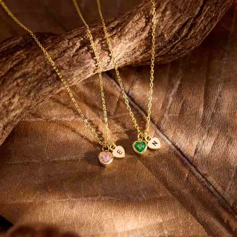 Personalized Yellow Gold 925 Sterling Silver Initial with Heart Birthstone Necklace