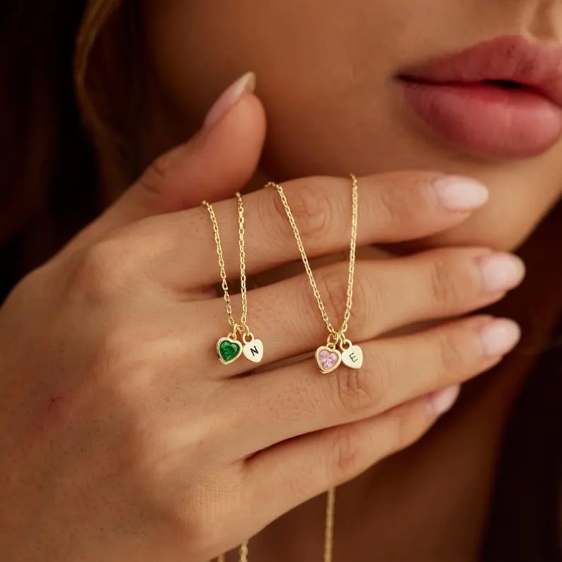 Personalized Yellow Gold 925 Sterling Silver Initial with Heart Birthstone Necklace
