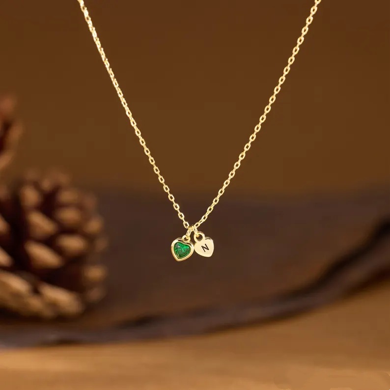 Personalized Yellow Gold 925 Sterling Silver Initial with Heart Birthstone Necklace