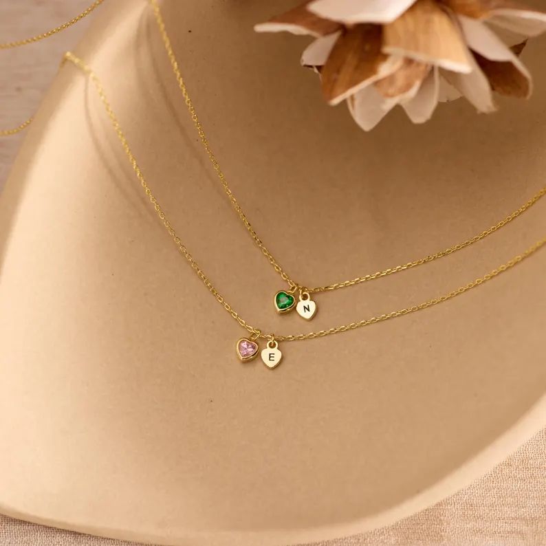 Personalized Yellow Gold 925 Sterling Silver Initial with Heart Birthstone Necklace