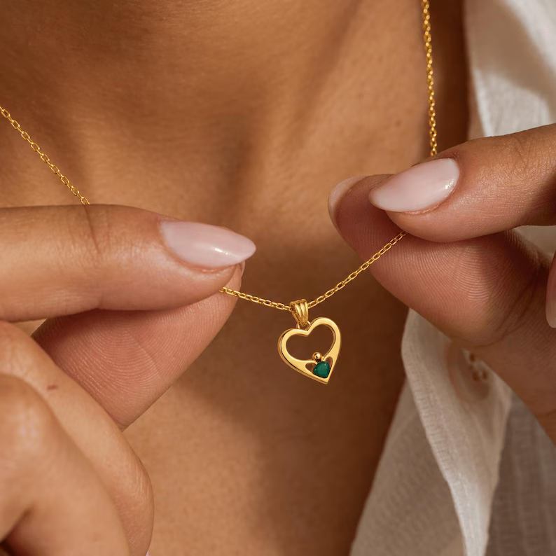 Dainty Yellow Gold 925 Sterling Silver Heart Crown Birthstone Pendant Necklace