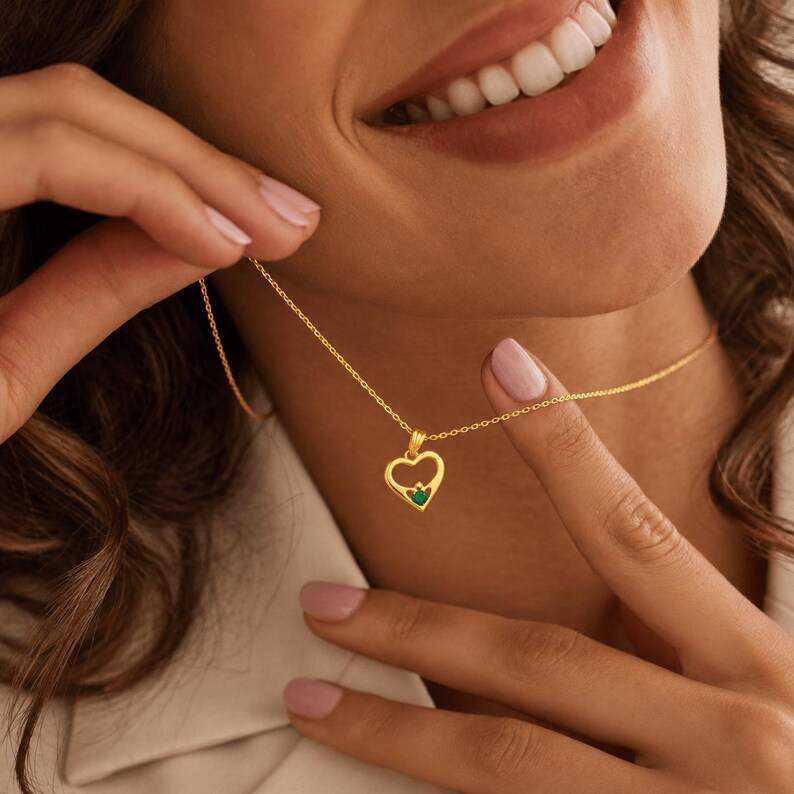 Dainty Yellow Gold 925 Sterling Silver Heart Crown Birthstone Pendant Necklace