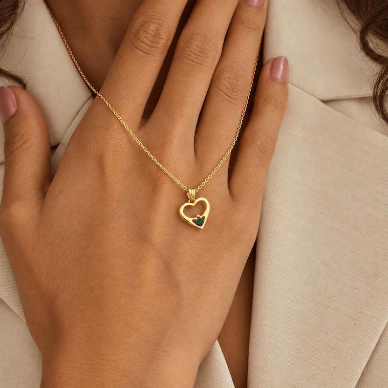 Dainty Yellow Gold 925 Sterling Silver Heart Crown Birthstone Pendant Necklace