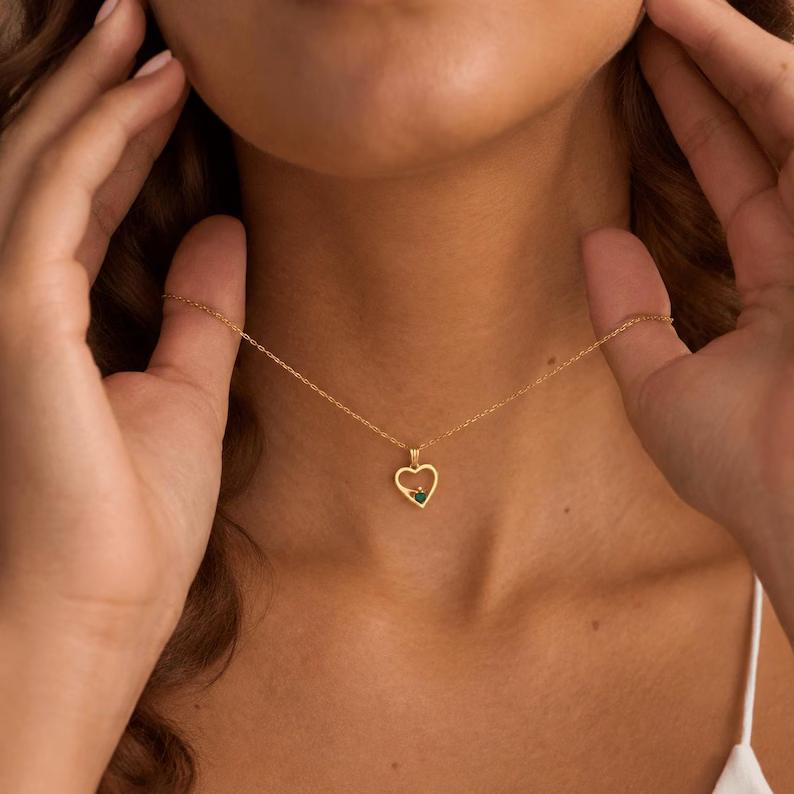 Dainty Yellow Gold 925 Sterling Silver Heart Crown Birthstone Pendant Necklace