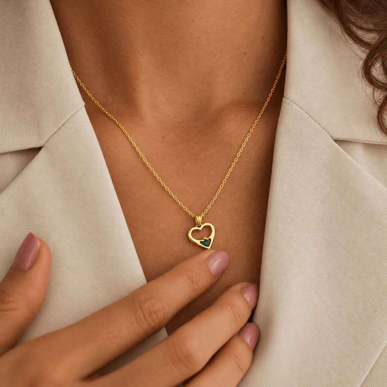 Dainty Yellow Gold 925 Sterling Silver Heart Crown Birthstone Pendant Necklace