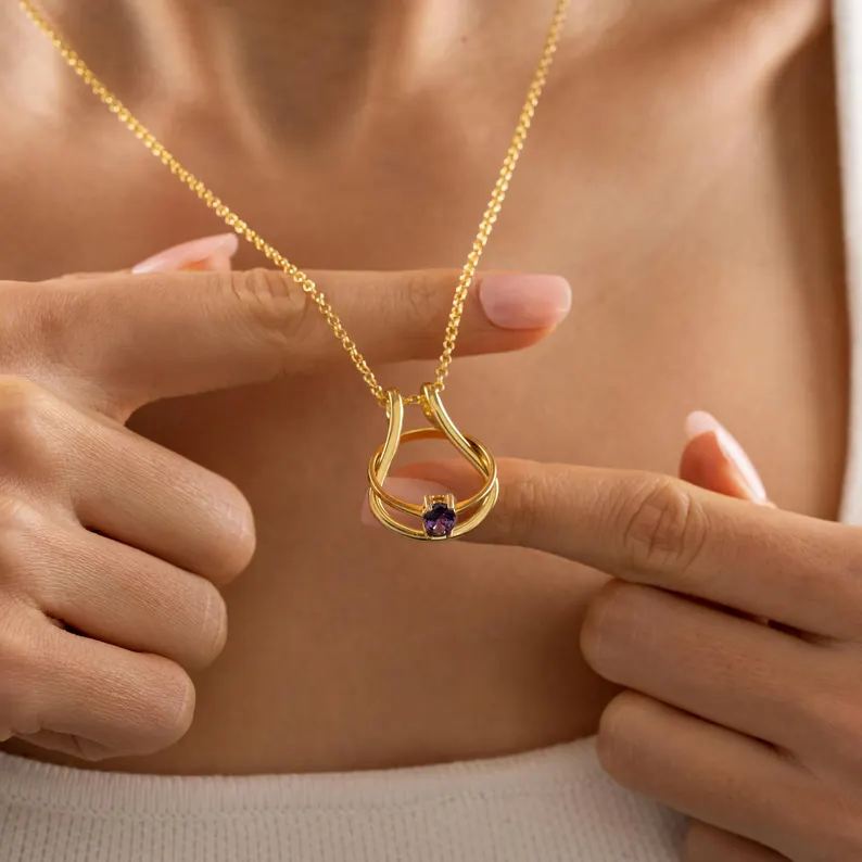 Minimalist Yellow Gold 925 Sterling Silver Horseshoe Ring Holder Necklace