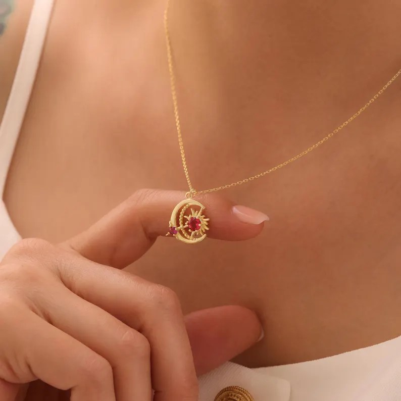 Personalized 925 Sterling Silver Sun and Moon Birthstone Pendant Necklace