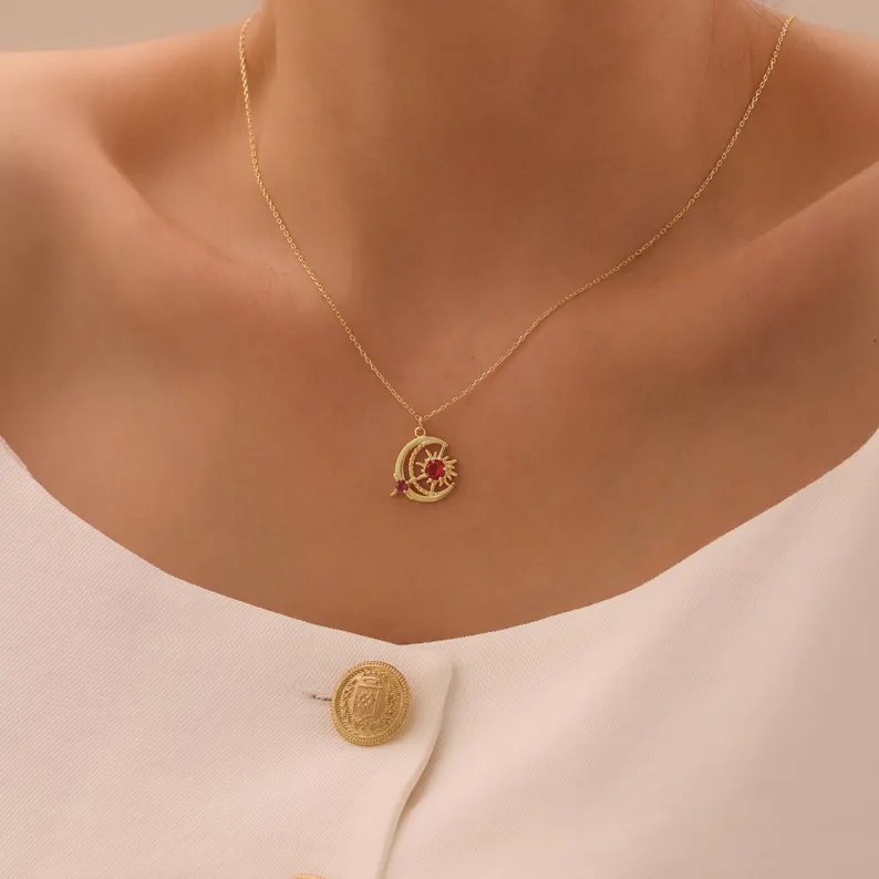 Personalized 925 Sterling Silver Sun and Moon Birthstone Pendant Necklace
