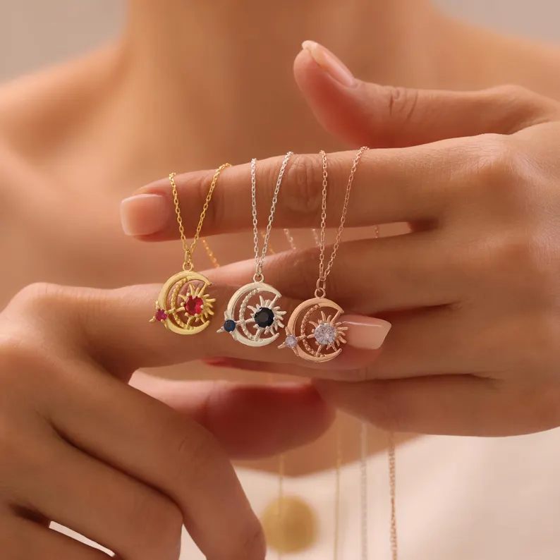 Personalized 925 Sterling Silver Sun and Moon Birthstone Pendant Necklace