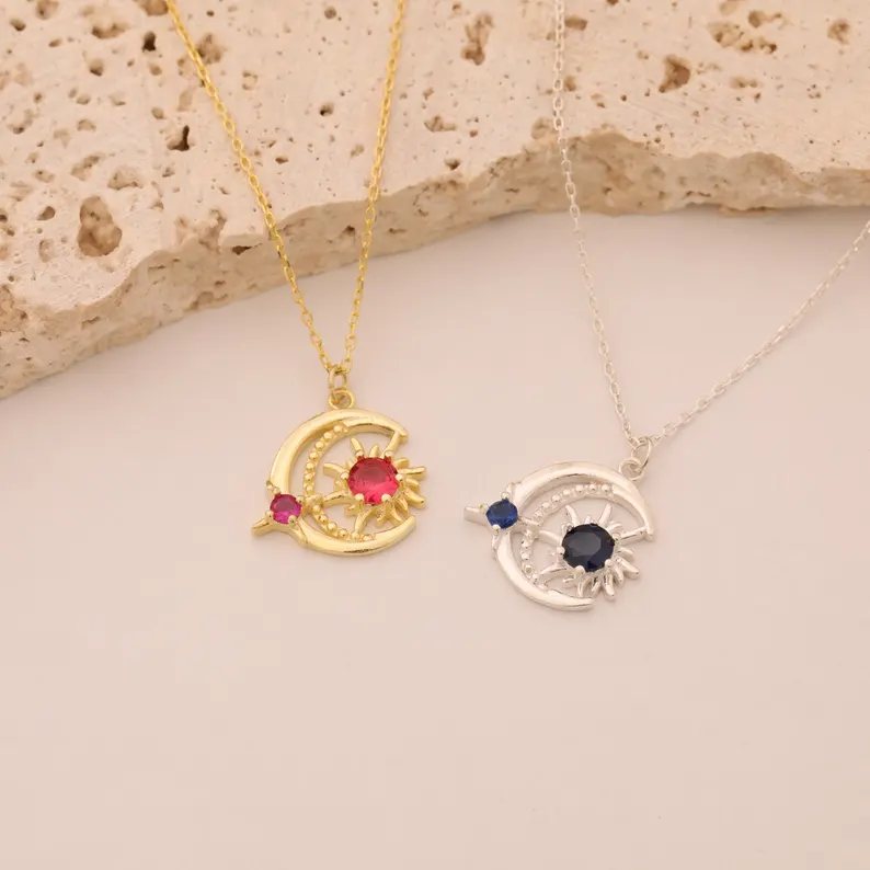 Personalized 925 Sterling Silver Sun and Moon Birthstone Pendant Necklace