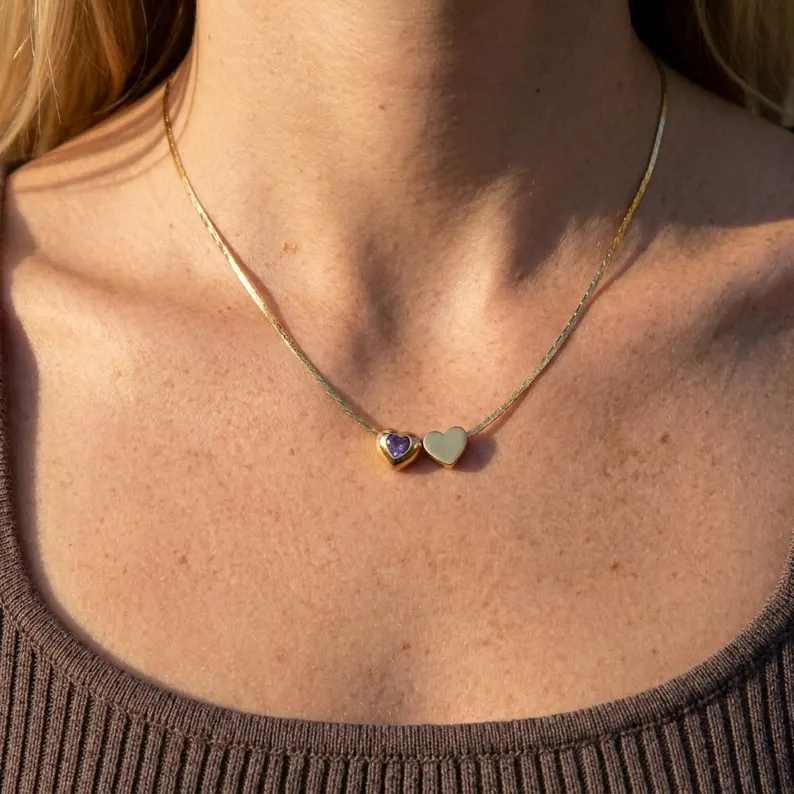 Personalized Yellow Gold 925 Sterling Silver Double Heart Birthstone Pendant Necklace