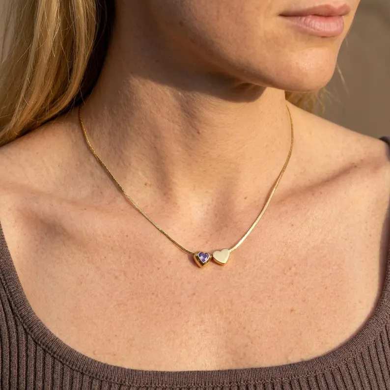 Personalized Yellow Gold 925 Sterling Silver Double Heart Birthstone Pendant Necklace