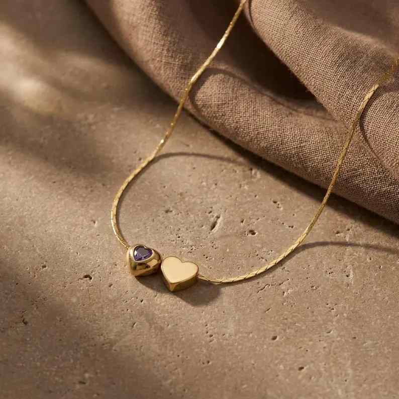 Personalized Yellow Gold 925 Sterling Silver Double Heart Birthstone Pendant Necklace