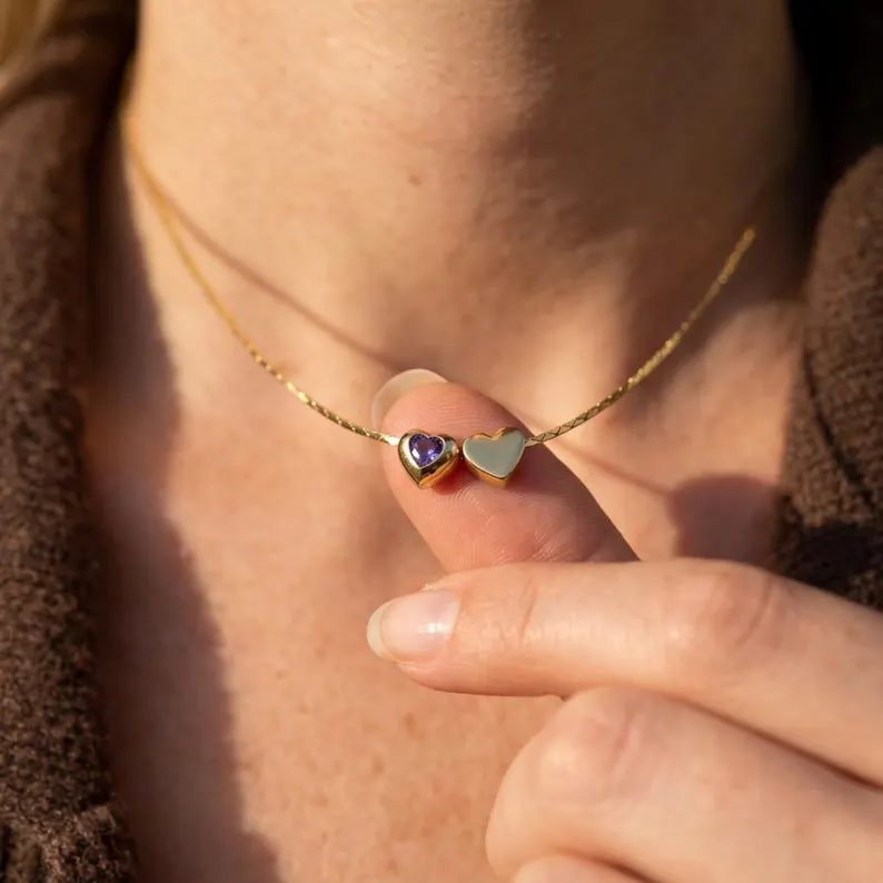 Personalized Yellow Gold 925 Sterling Silver Double Heart Birthstone Pendant Necklace
