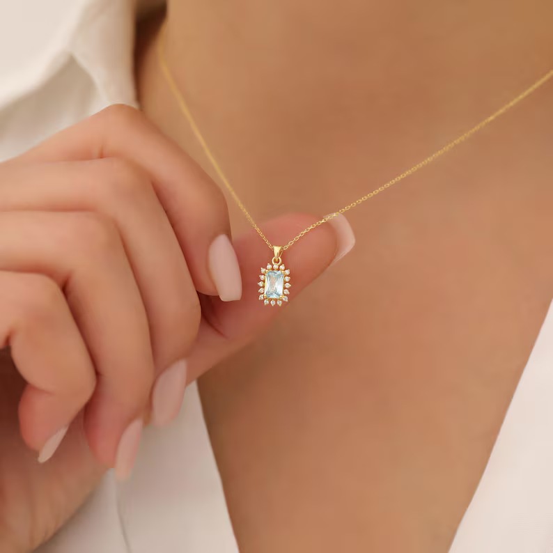 Dainty Yellow Gold 925 Sterling Silver Birthstone Rectangular Halo Pendant Necklace