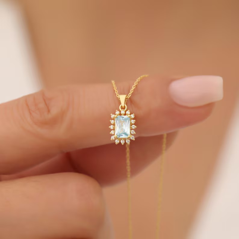 Dainty Yellow Gold 925 Sterling Silver Birthstone Rectangular Halo Pendant Necklace