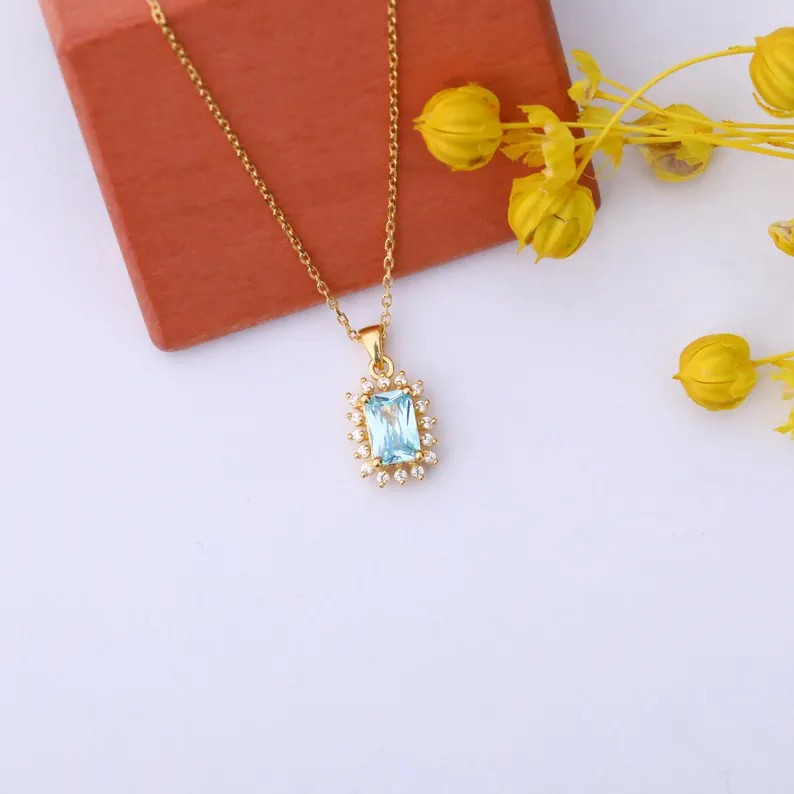 Dainty Yellow Gold 925 Sterling Silver Birthstone Rectangular Halo Pendant Necklace