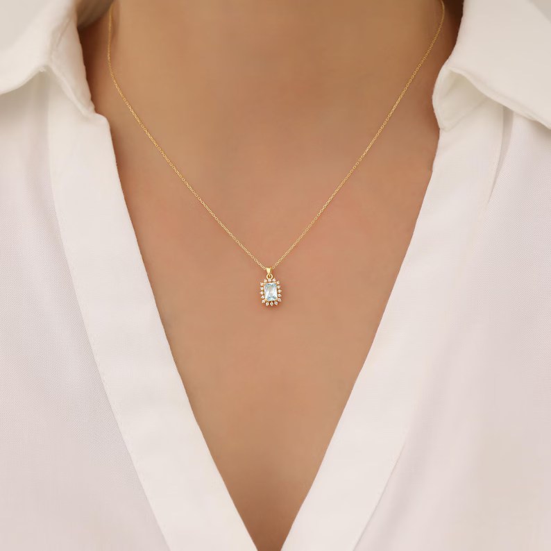 Dainty Yellow Gold 925 Sterling Silver Birthstone Rectangular Halo Pendant Necklace