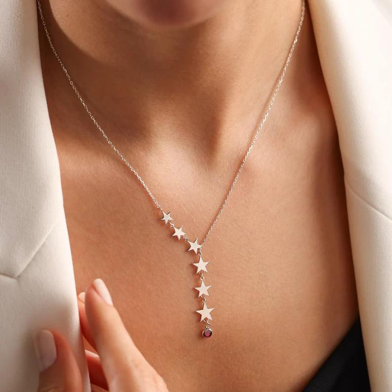 Dainty 925 Sterling Silver Birthstone Star Lariat Pendant Necklace