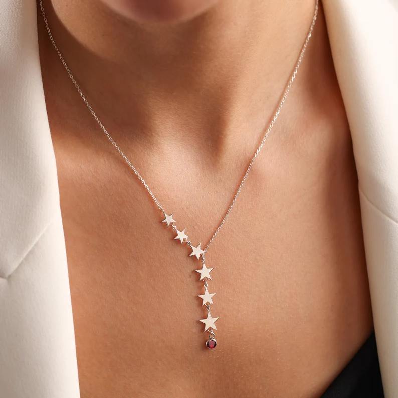 Dainty 925 Sterling Silver Birthstone Star Lariat Pendant Necklace
