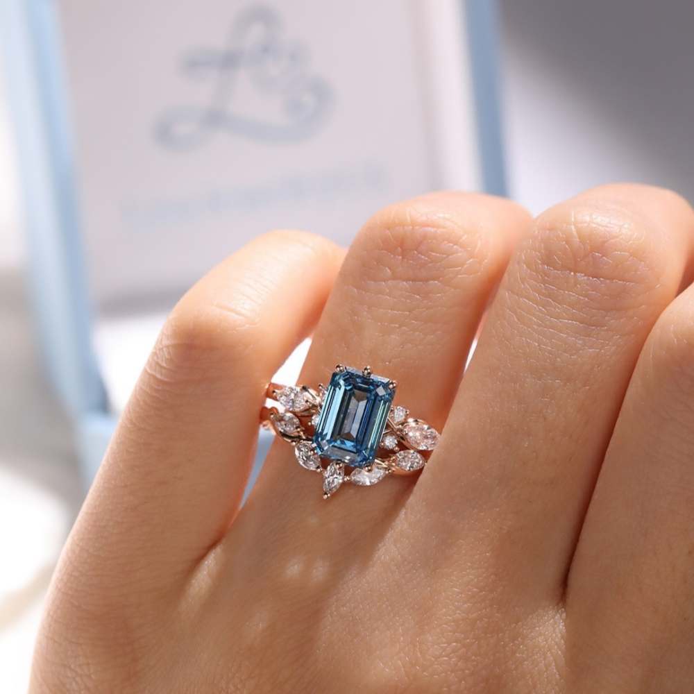 Emerald Cut Yellow Gold Aquamarine Blue 925 Sterling Silver Bridal Ring Sets