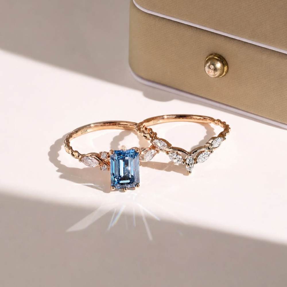 Emerald Cut Yellow Gold Aquamarine Blue 925 Sterling Silver Bridal Ring Sets