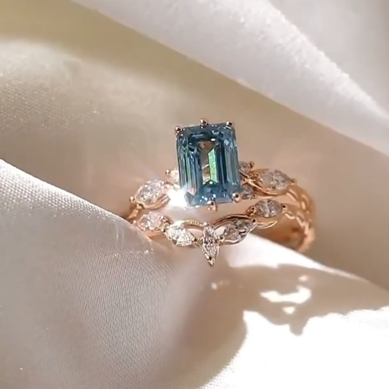 Emerald Cut Yellow Gold Aquamarine Blue 925 Sterling Silver Bridal Ring Sets