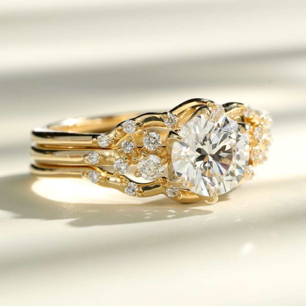 Round Cut Diamond White Yellow Gold Sterling Silver 3-Piece Bridal Ring Set